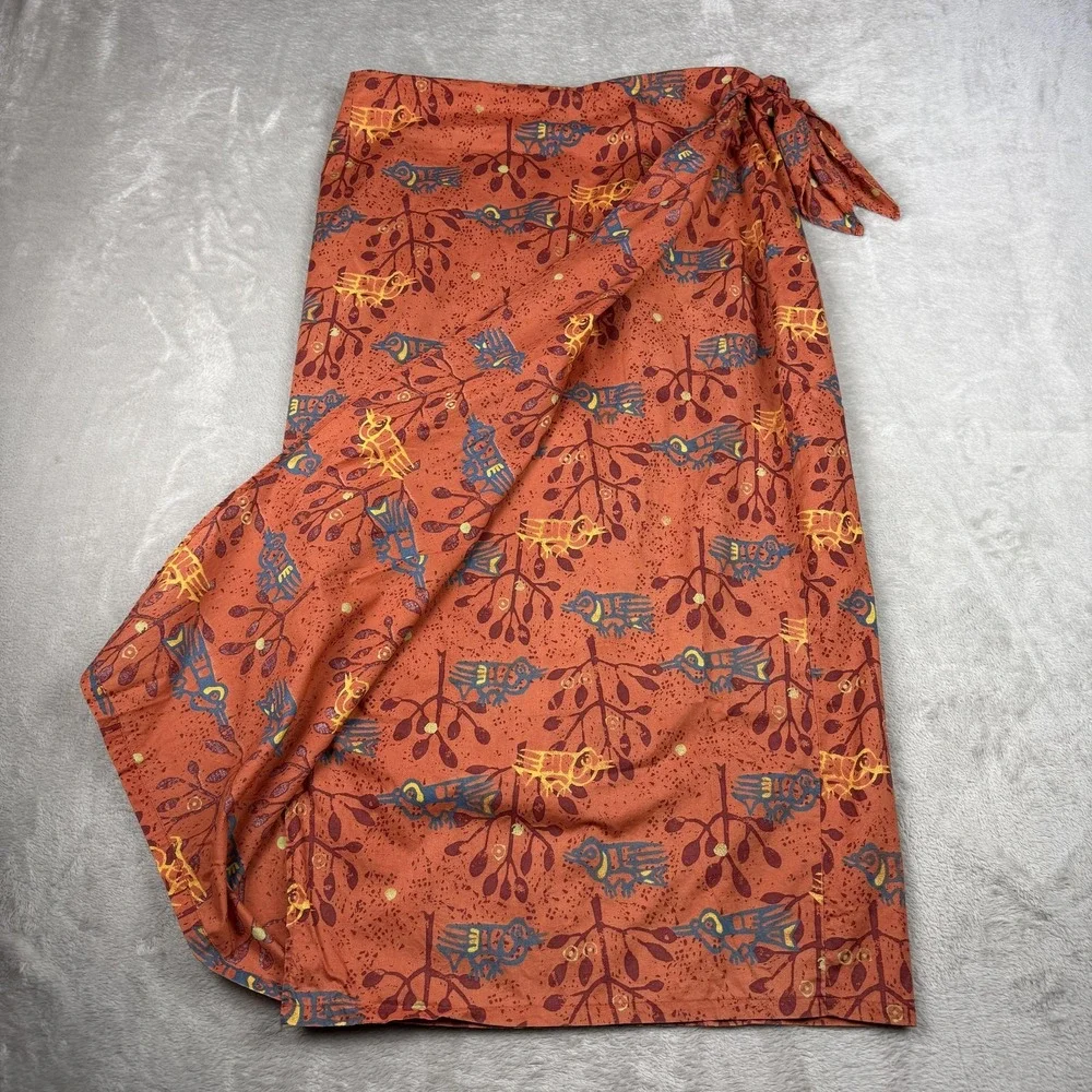 Peruvian Connection Skirt Womens 14 Orange Bird Print Wrap Pima Cotton Midi Boho